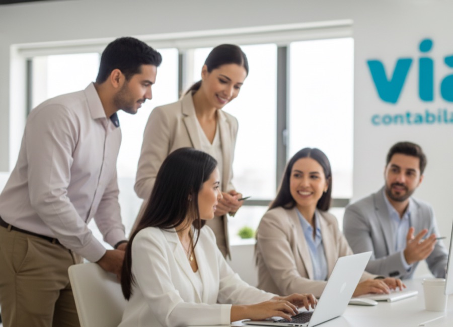 Equipe da Via atendendo clientes no escritório